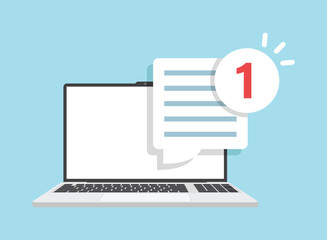 Laptop notification icon in flat style. Computer vector illustration on isolated background. Reminder message sign business concept.