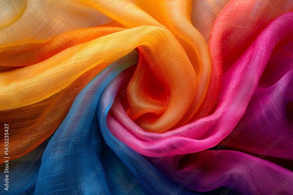 Poster Colorful silk fabric flowing in the wind, creating abstract shapes