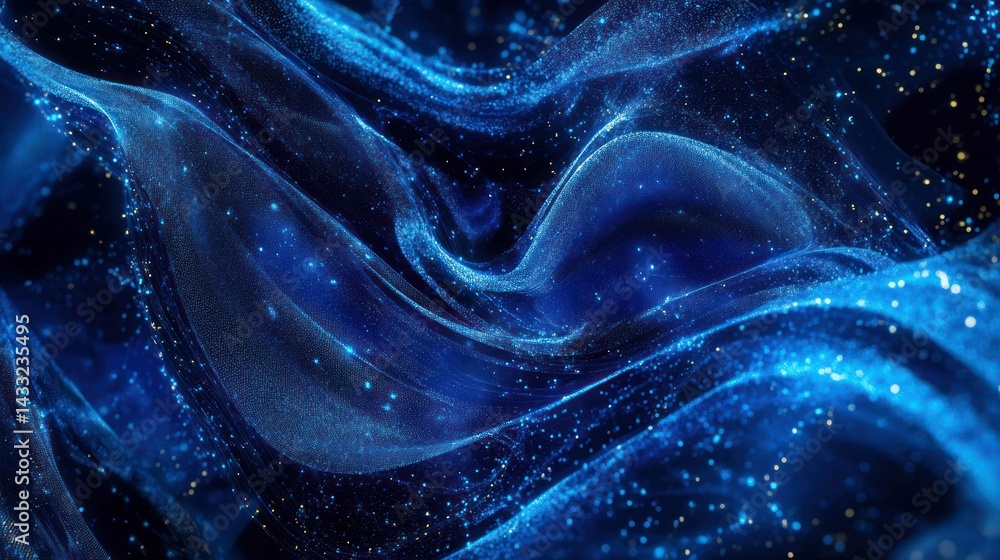 Poster blue mesh flows with sparkles, creating a wave surface full of light, elegance, shimmering motion.