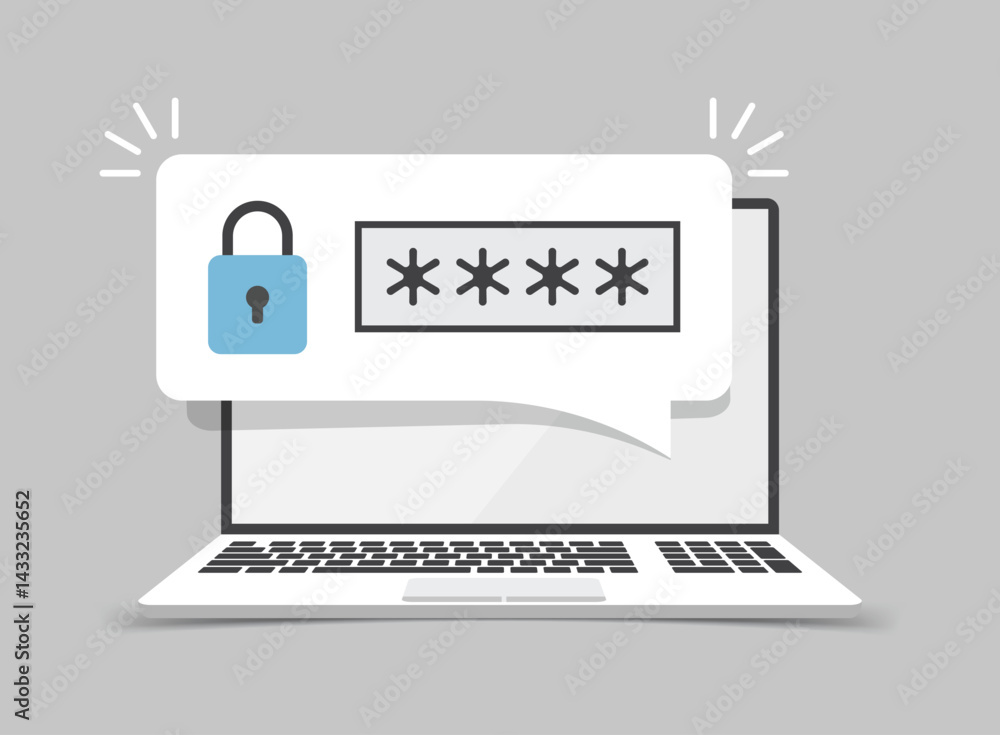Poster laptop with account login icon in flat style. password form page vector illustration on isolated bac
