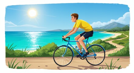 Fototapeta premium Man cycling coastal path sunny day illustration
