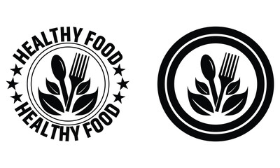 Healthy Food Plate icon. Healthy food fork and spoon logo design. Food dinning kitchen menu restaurant icon. Sticker or ecological product stamp. Vector illustration.