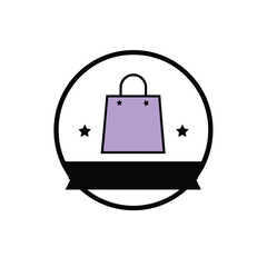 Purple Shopping Bag Icon in a Circle with Stars and Banner