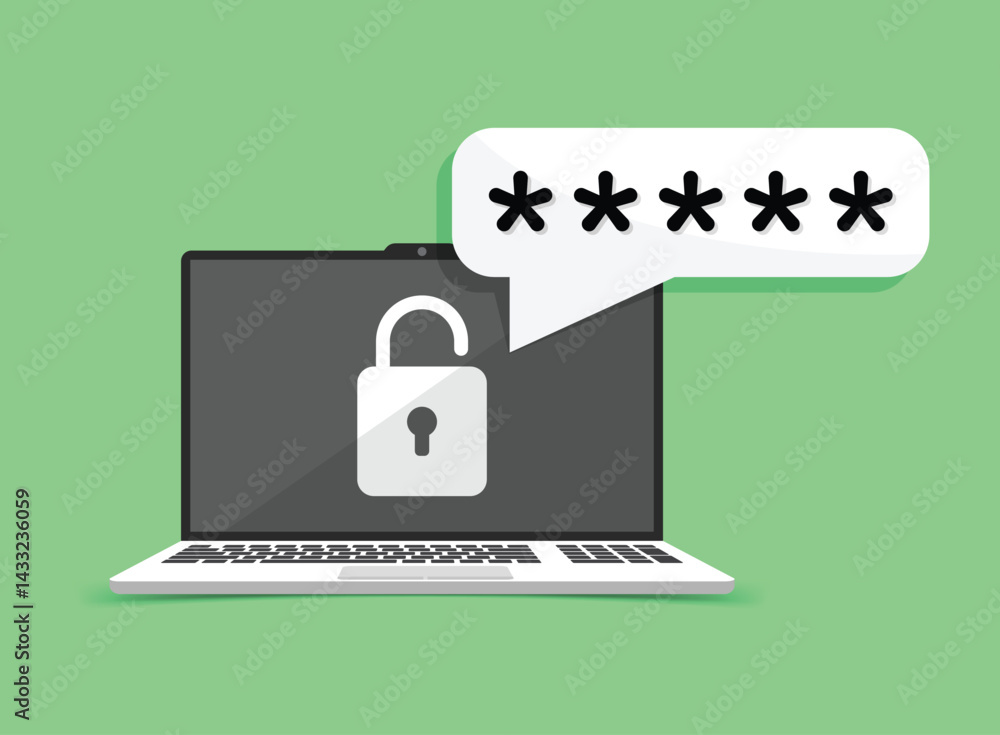 Poster laptop with account login icon in flat style. password form page vector illustration on isolated bac