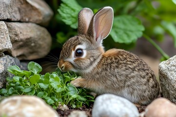 Fototapeta premium Cute baby rabbit eating plants in a rock garden