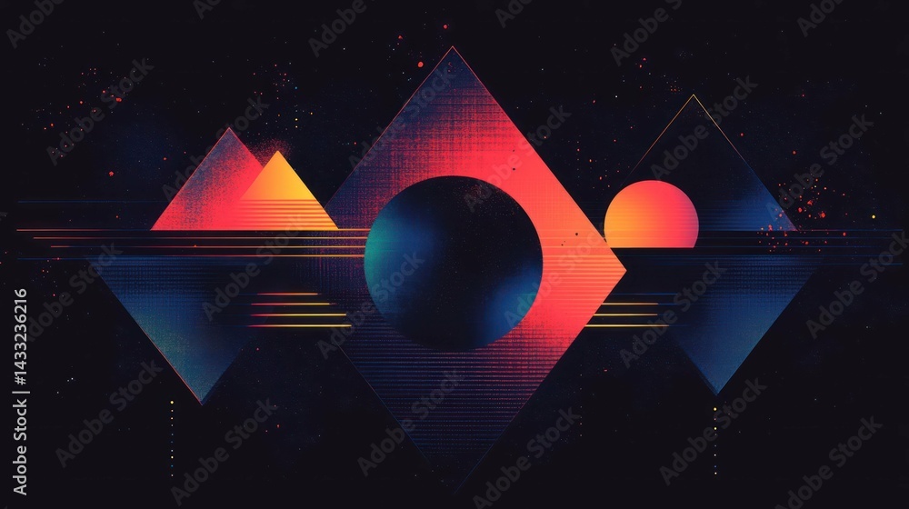 Aufkleber abstract artwork displaying geometric shapes triangles circles gradients in a modern retro style, il