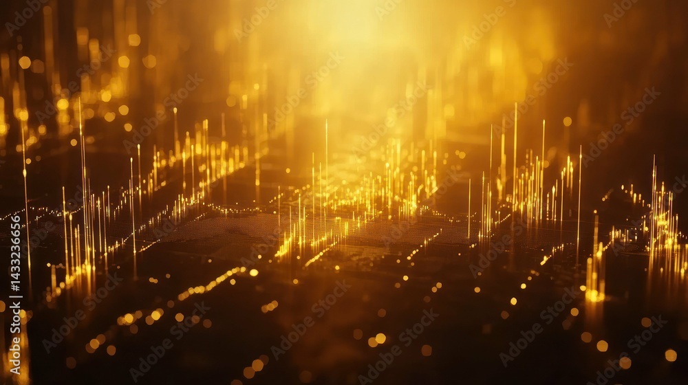 Poster golden data points represent abstract visualization of futuristic cityscape with glowing lines, conn