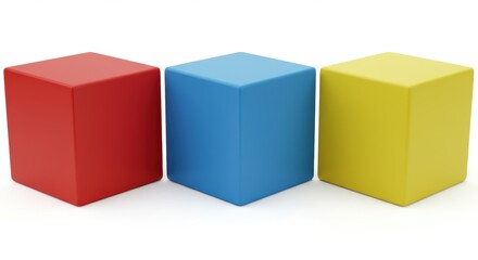 Simple 3D render of three cubes placed side-by-side, each a different bright solid color (e.g., red, blue, yellow). Clean separation between cubes