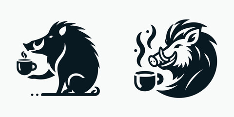 Fototapeta premium boar drinking coffee. Coffee lover graphic design. Wild pig enjoys brew a woodland critter gets caffeinated beverage enjoyment.