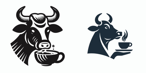 Obraz premium Cow drinking coffee. Coffee lover graphic design. Bovine enjoying brew a farm mammal beverage moment rural java break.