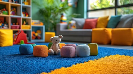 Playful Teddy Bear and Colorful Cubes on Bright Blue and Yellow