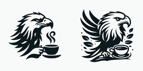 Obraz premium Eagle drinking coffee. Coffee lover graphic design. Raptor enjoys morning brew avian creature consuming java beverage.