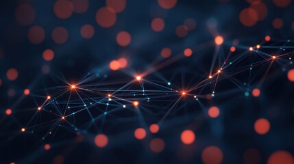 Network visualizes data connections using nodes, lines, representing abstract technology and digital innovation.