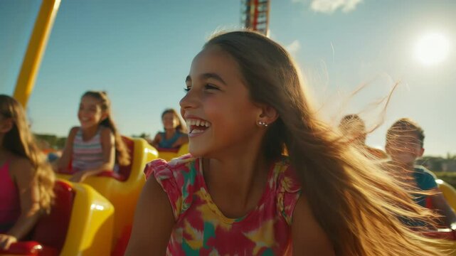 Young girl laughing on rollercoaster with friends at amusement park