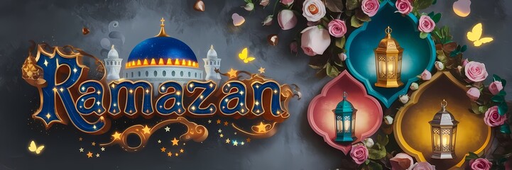 Ramazan Dark Fantasy 3D illustration Scene Featuring Glowing White Mosque with Blue Dome Golden Details Surrounded by Magical Lanterns Butterflies Roses Elegant Ramazan Text Luxurious Fantasy Setting