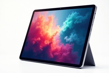 Single floating digital tablet on white background, connection, device