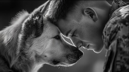 National Loyalty Day.  A heartwarming image of a military service member reuniting with their dog, foreheads touching in a moment of pure connection. 