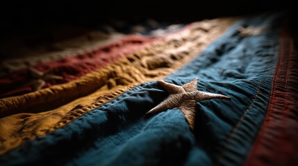 National Loyalty Day. An arresting image of a historical flag display at a national monument, lighting carefully highlighting the textured fabric of each era's flag. 