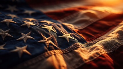National Loyalty Day. A striking portrait of an American flag waving in golden hour light, with sharp details highlighting every star and stripe. 