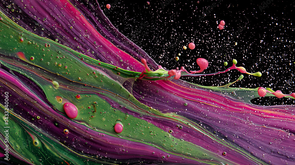 Poster abstract image of vibrant green, pink, and purple paint swirls, creating a dynamic and energetic com
