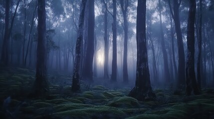 Obraz premium Ethereal forest shrouded in mist and shadow