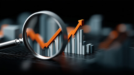 Magnifying glass reveals upward trend in business growth statistics showcasing financial success and market performance