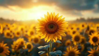 Vibrant sunflower stands tall against golden sunset sky, field of blooming yellow sunflowers stretches to horizon creating dreamy summer landscape.