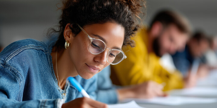 Hispanic students focus on educational admission test in modern university classroom