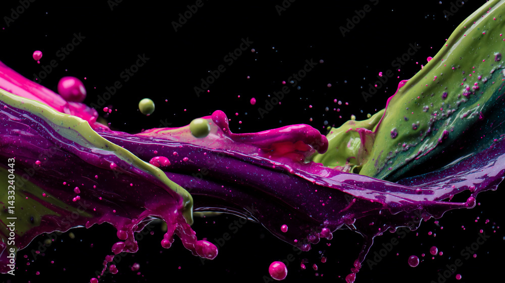 Poster dynamic splash of purple, pink, and green paint, creating an abstract design with vibrant color cont