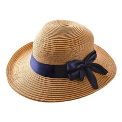 Elegant straw sun hat with navy ribbon accent against a minimalist backdrop