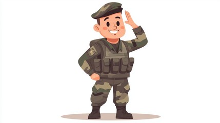 Cartoon soldier saluting in camouflage uniform with beret
