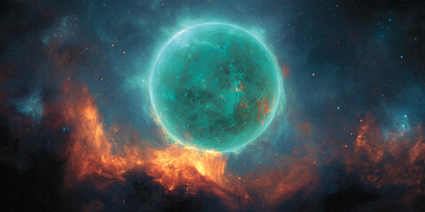 Teal planet surrounded by orange nebula, cosmic scene suggesting mystery and vastness, ideal for science fiction or fantasy themes