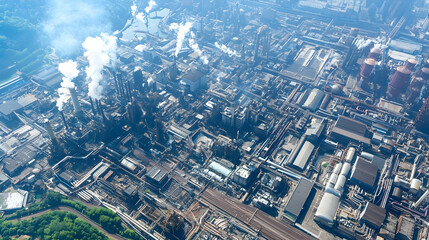 Aerial view of industrial complex, smoke stacks, pollution, manufacturing, urban landscape, environmental impact, industry