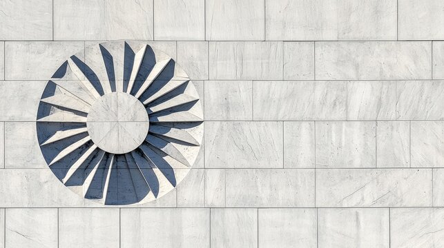 A white brick wall with a blue and white circular design.