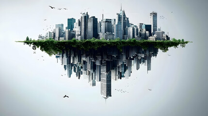 Obraz premium Floating city skyline with green base, birds flying, reflection; environmental concept; website banner