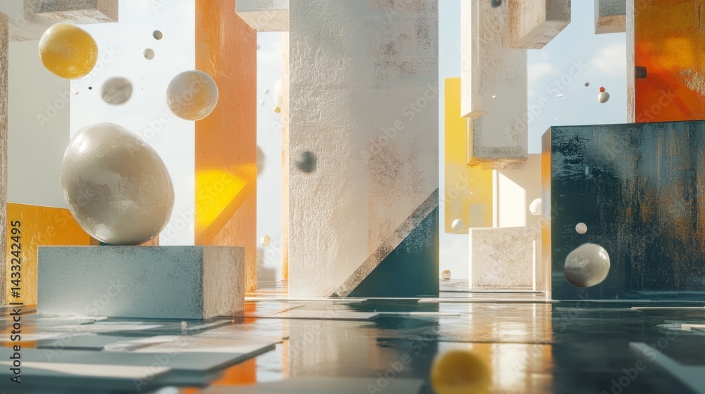 Aufkleber abstract geometric composition with floating shapes and reflections