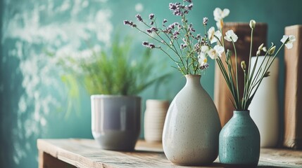 Obraz premium Modern pastel vases with flowers against teal background