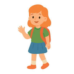 Cute schoolgirl in green shirt and backpack waving hand while walking. Flat cartoon vector style.