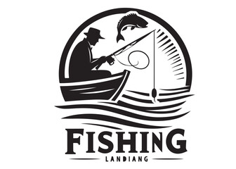 silhouette of fishing logo vector design, fishing logo icon silhouette, catching fish with man vector silhouette, fisherman logo black silhouette on white background.