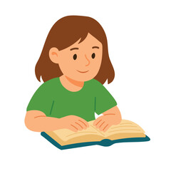 Cute school girl in green shirt reading an open book. Flat cartoon vector style.