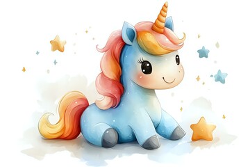 Fototapeta premium Adorable baby unicorn with peach and orange mane sitting among golden stars on white background, watercolor style illustration for nursery art and children decor.