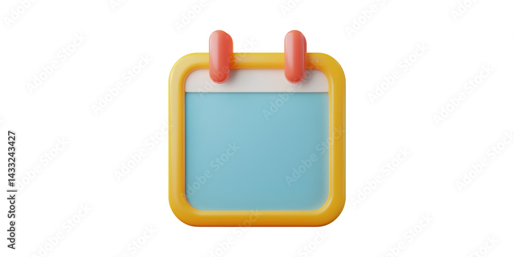 Poster 3d calendar icon with yellow frame and blue page. digital scheduling and time management concept iso