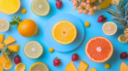 Citrus fruit slices on blue background in creative flat lay