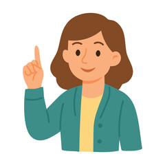 Smiling female teacher pointing up with finger. Flat cartoon vector illustration on white background.