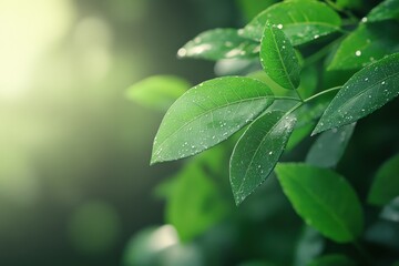 Green leaves with water droplets