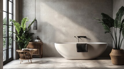 Modern luxury bathroom with white bathtub and indoor plants