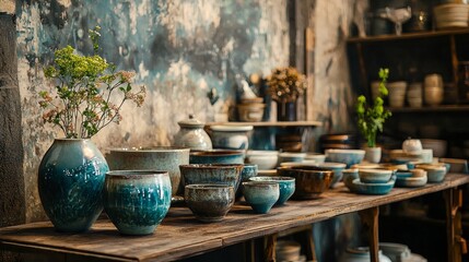 Fototapeta premium Rustic table with handmade ceramic dishes and pottery