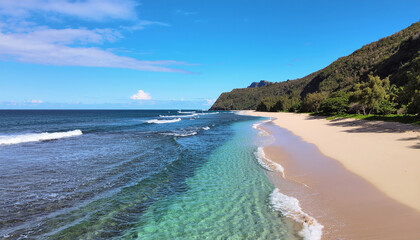 Fototapeta premium serene beach scene featuring clear turquoise waters gently lapping against sandy shore, framed by lush green hills under bright blue sky. tranquil atmosphere invites relaxation and exploration