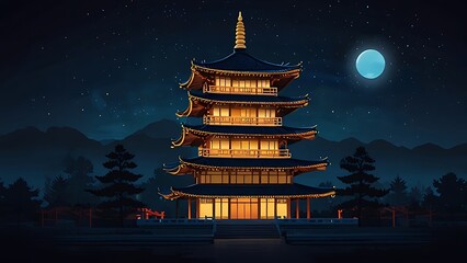 Evening of lunar celebration - glowing pagoda and full moon - Chinese New Year concept. 