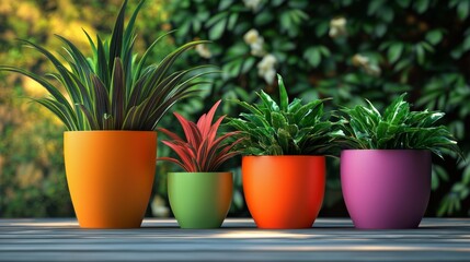Obraz premium Colorful flower pots aligned on stone ledge with green background and natural lighting